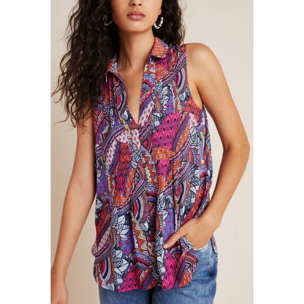 Sleeveless Printed V-Neck Top - Multicolor - Picture 2 of 8